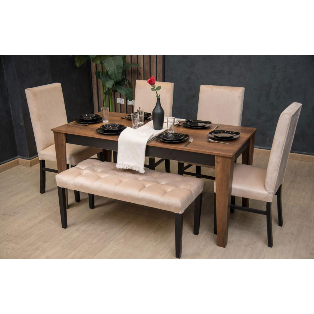 Beech and European Union wood with Velvet Fabric Dining Room Set 6 pieces- Beige and Black