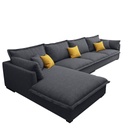 Natural Wood and Linen Fabric L-Shape Sofa - Grey