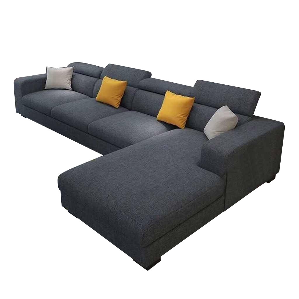 Natural Wood and Linen Fabric L-Shape Sofa - Grey