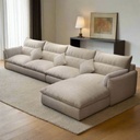 Natural Wood and Linen L-Shape Sofa - Beige