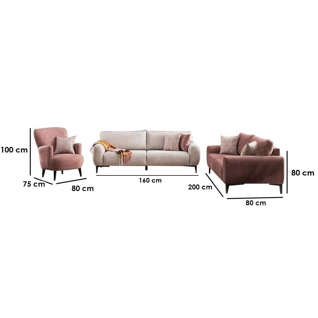 Red Beech Wood Living Room 3 Pieces - White and Pink