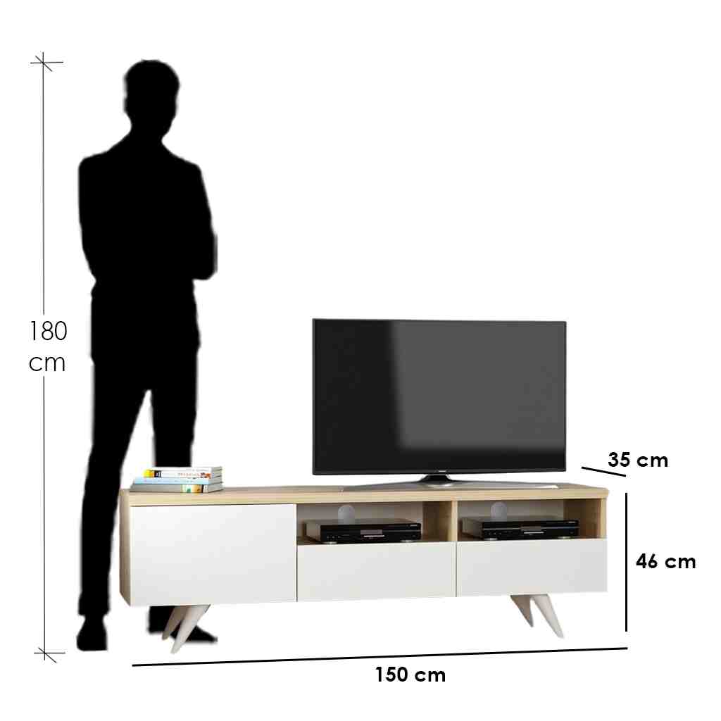 Melamine Wood and PVC Beige and White Tv Unit - 150 × 35 × 46 cm