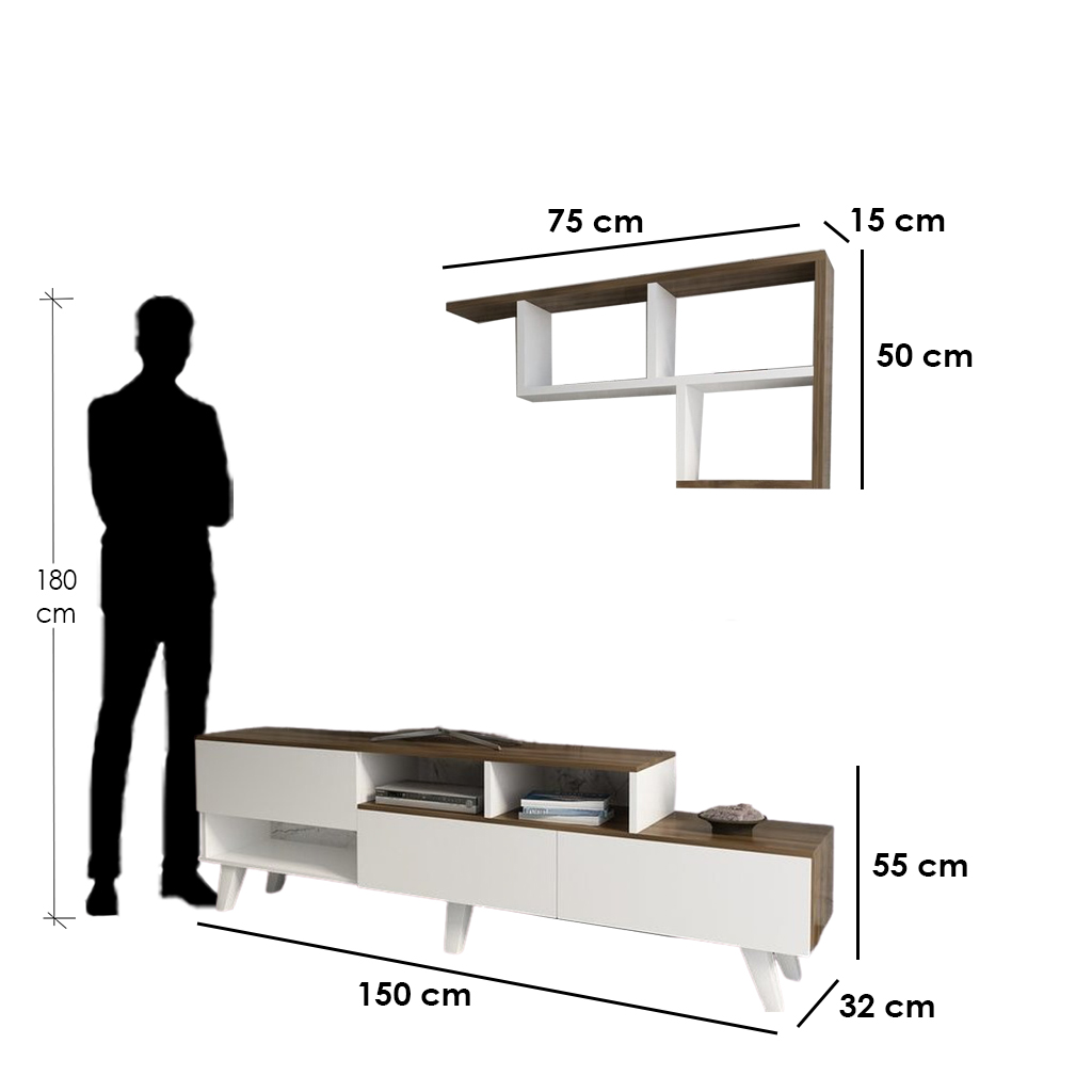 Melamine Wood and PVC Brown and White Tv Set - 32×150x55 cm