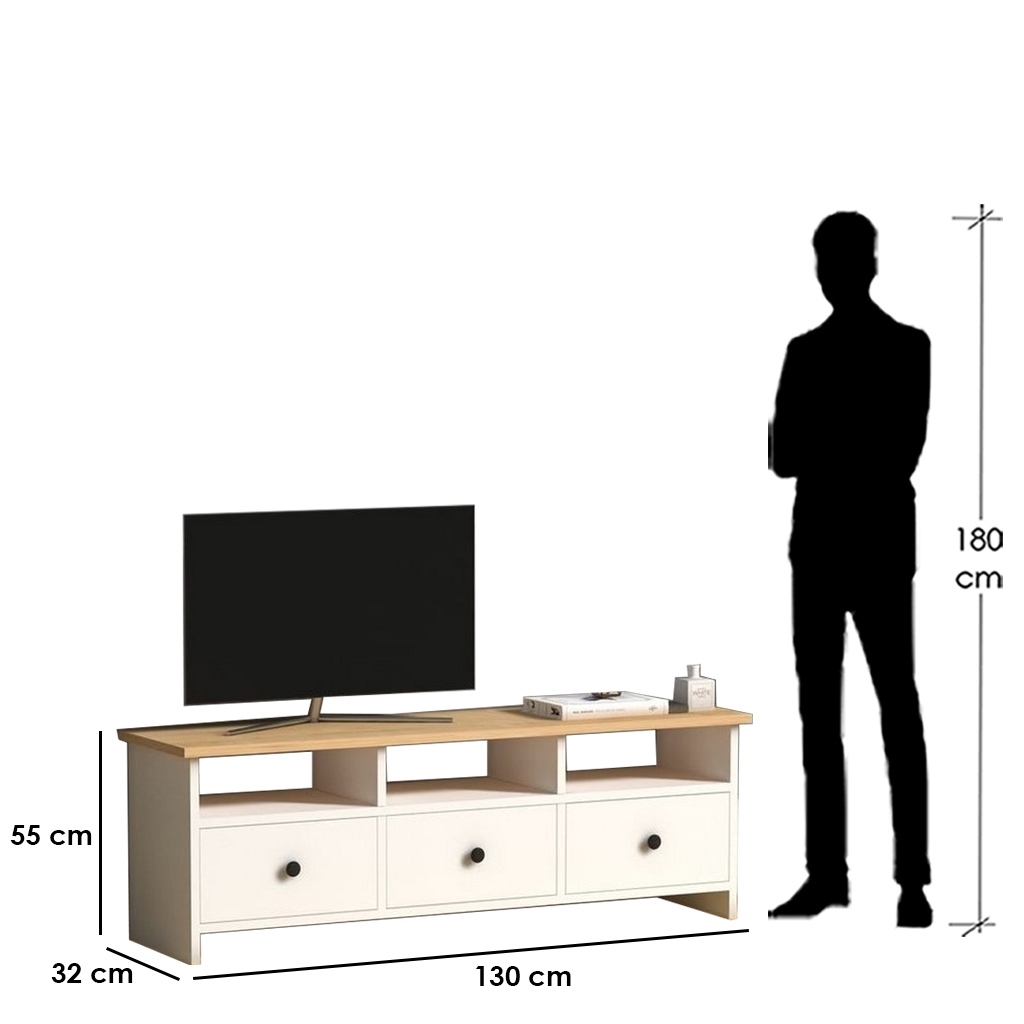 Spanish MDF White and Beige Tv Unit - 130 × 32 × 55 cm