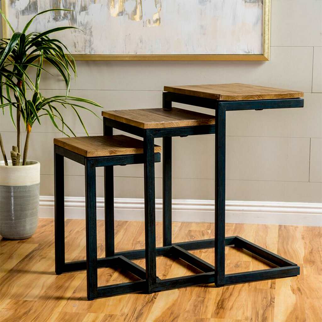 Steel and MDF Coffee Table Set Black and Brown - 3 Pieces