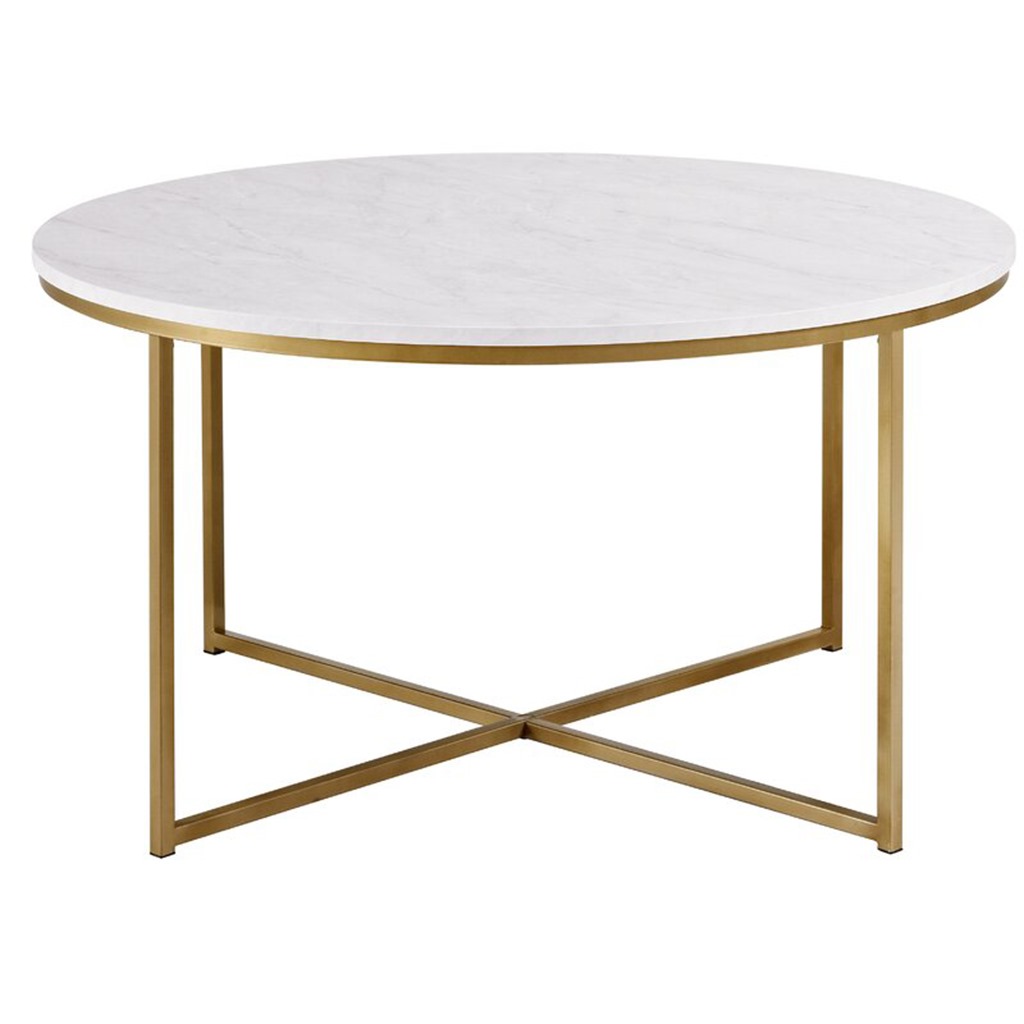 Steel and Marble Coffee Table White and Gold - 90x50 cm
