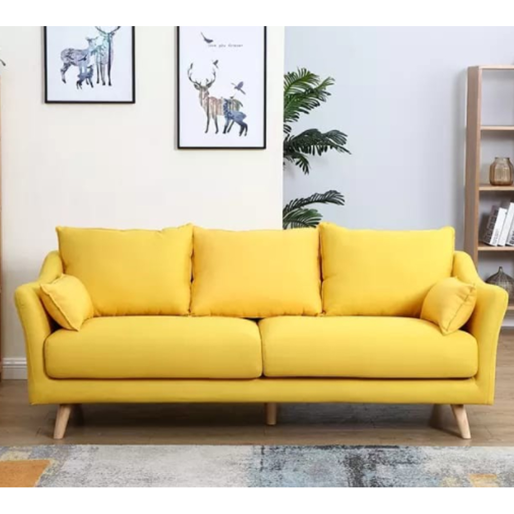 Beech Wood and Linen Fabric 2 Seaters Sofa - Yellow