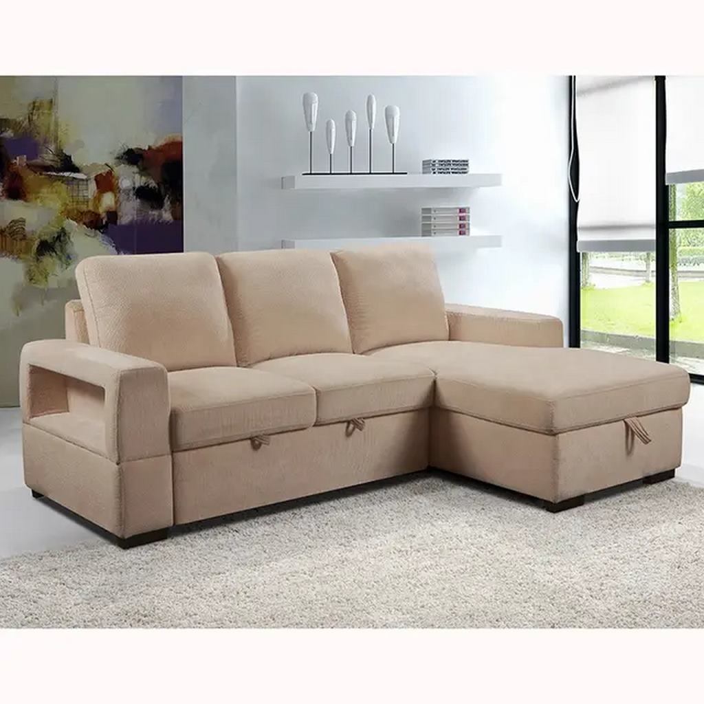 Beech Wood and Linen Fabric L-Shape Sofa - Beige