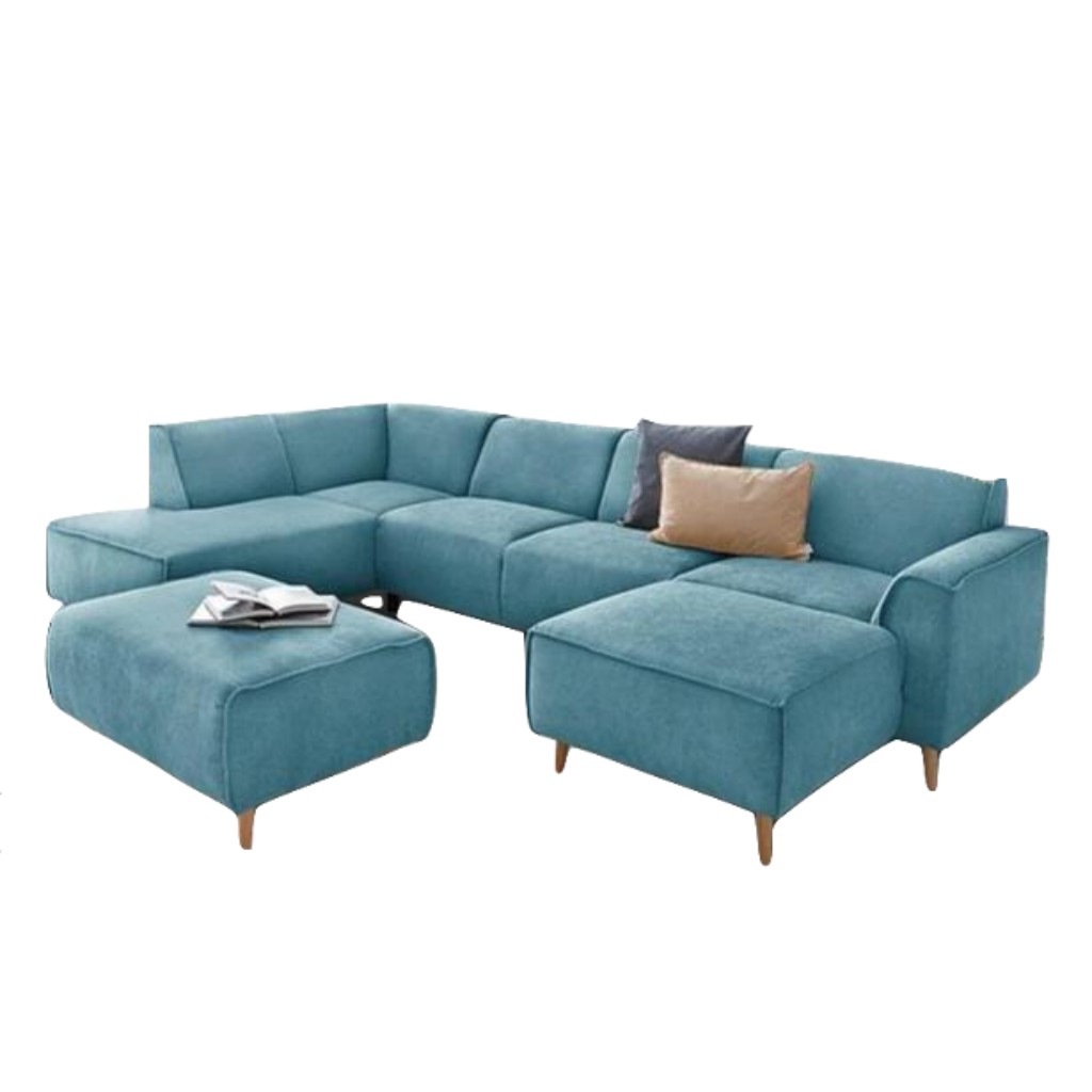 Natural Beech Wood L-Shape Sofa with Pouf 2 Pieces - Blue