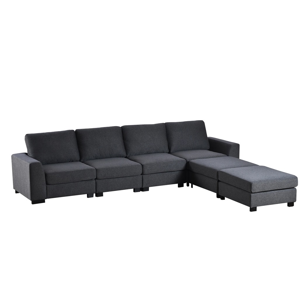 Beech Wood and Linen Fabric U-Shape Sofa - Grey