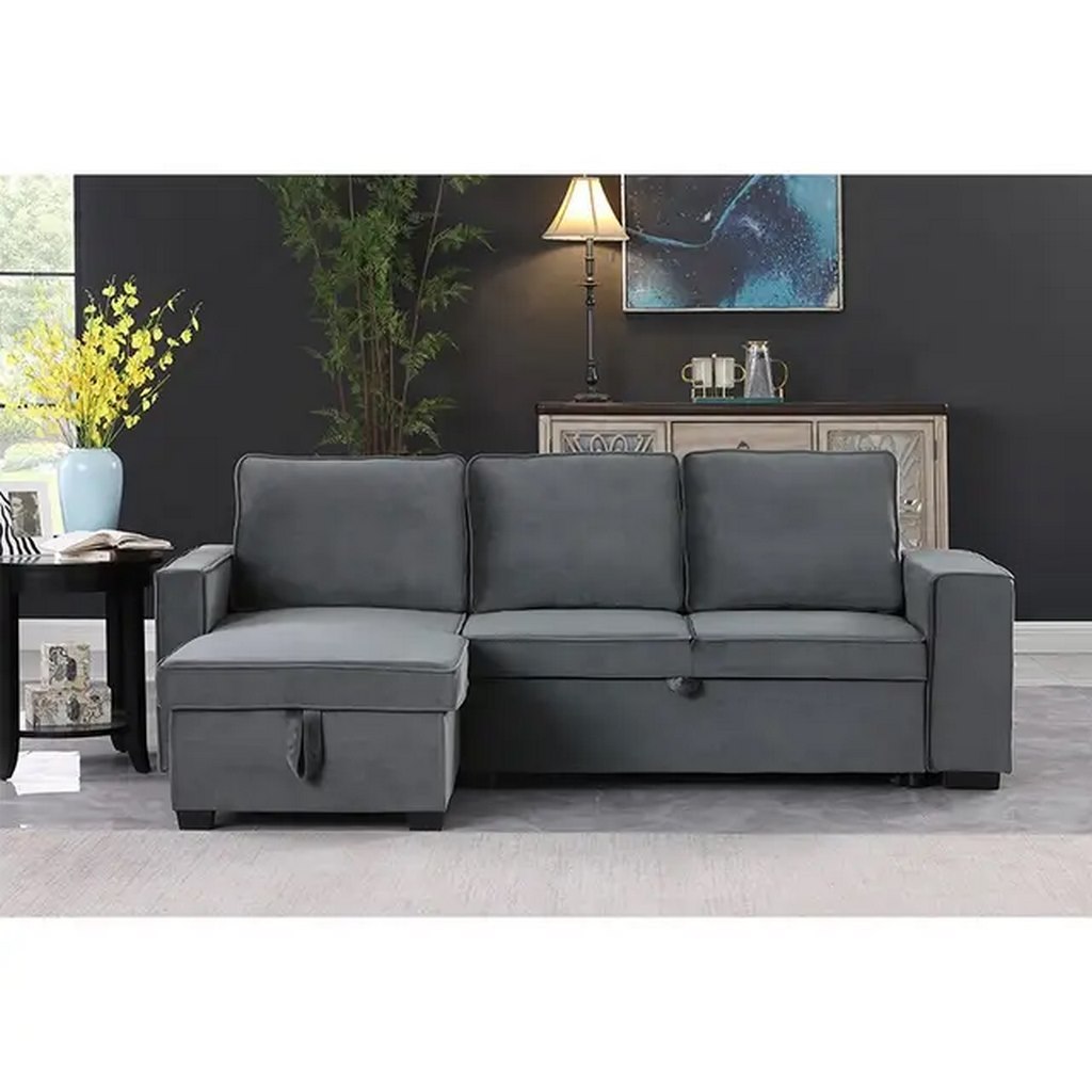 Beech Wood and Velvet Fabric L-Shape Sofa - Grey