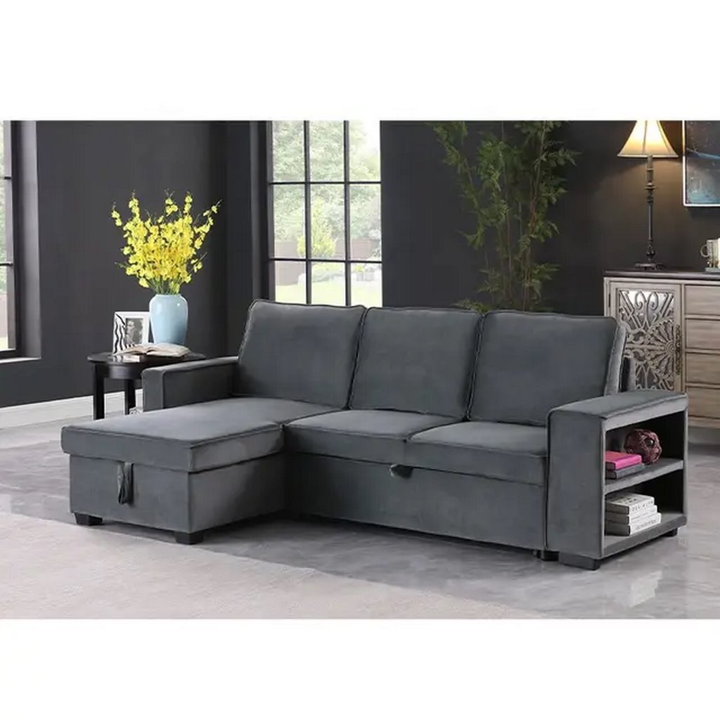 Beech Wood and Velvet Fabric L-Shape Sofa - Grey