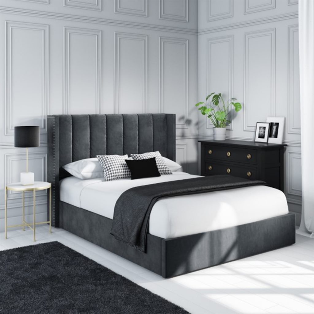 Counter Wood and Velvet Fabric King Bed 120x160x200 cm - Grey