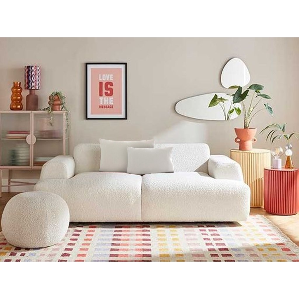 Beech Wood and Boucle Fabric 3 Seater Sofa and Pouf - Off White