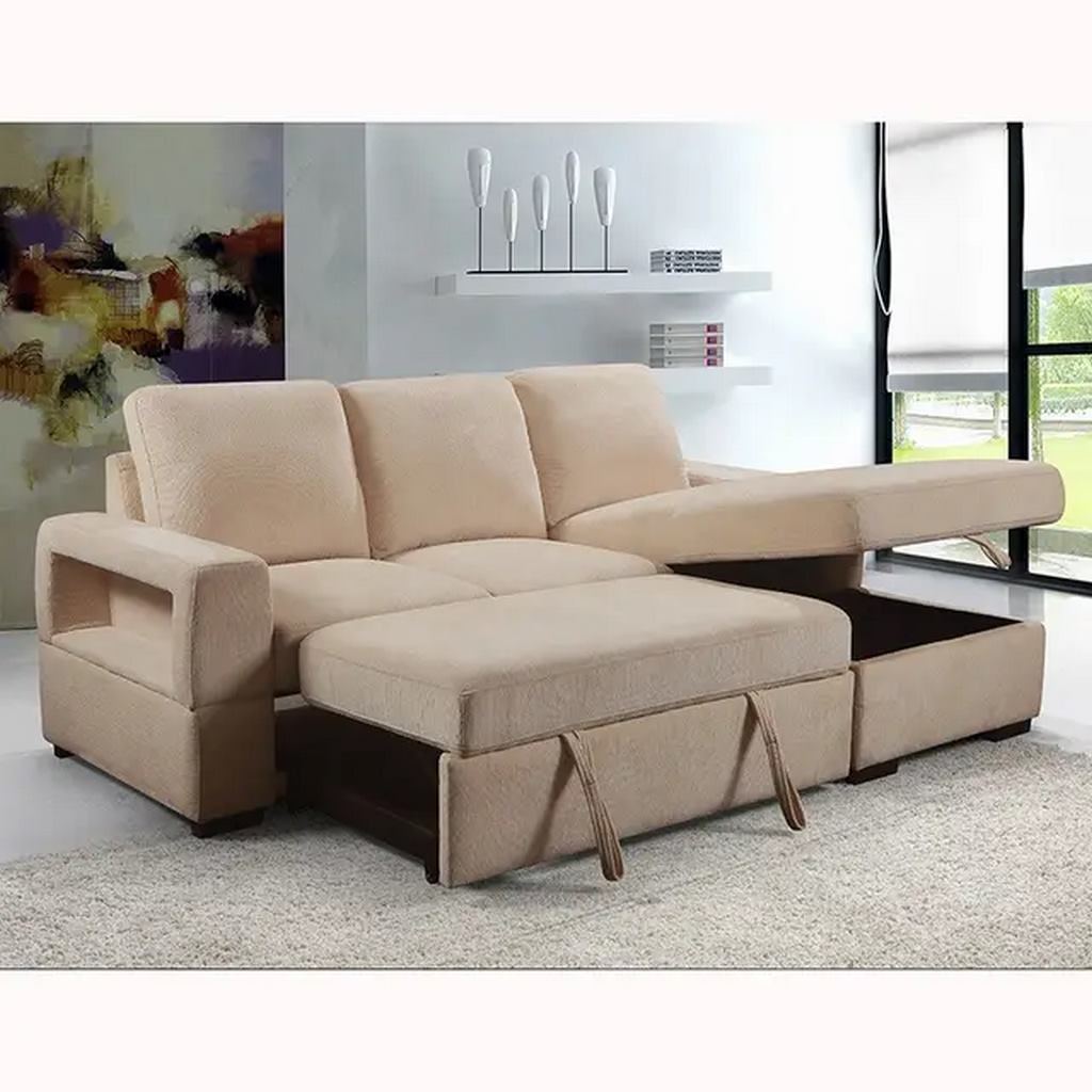 Beech Wood and Linen Fabric L-Shape Sofa - Beige