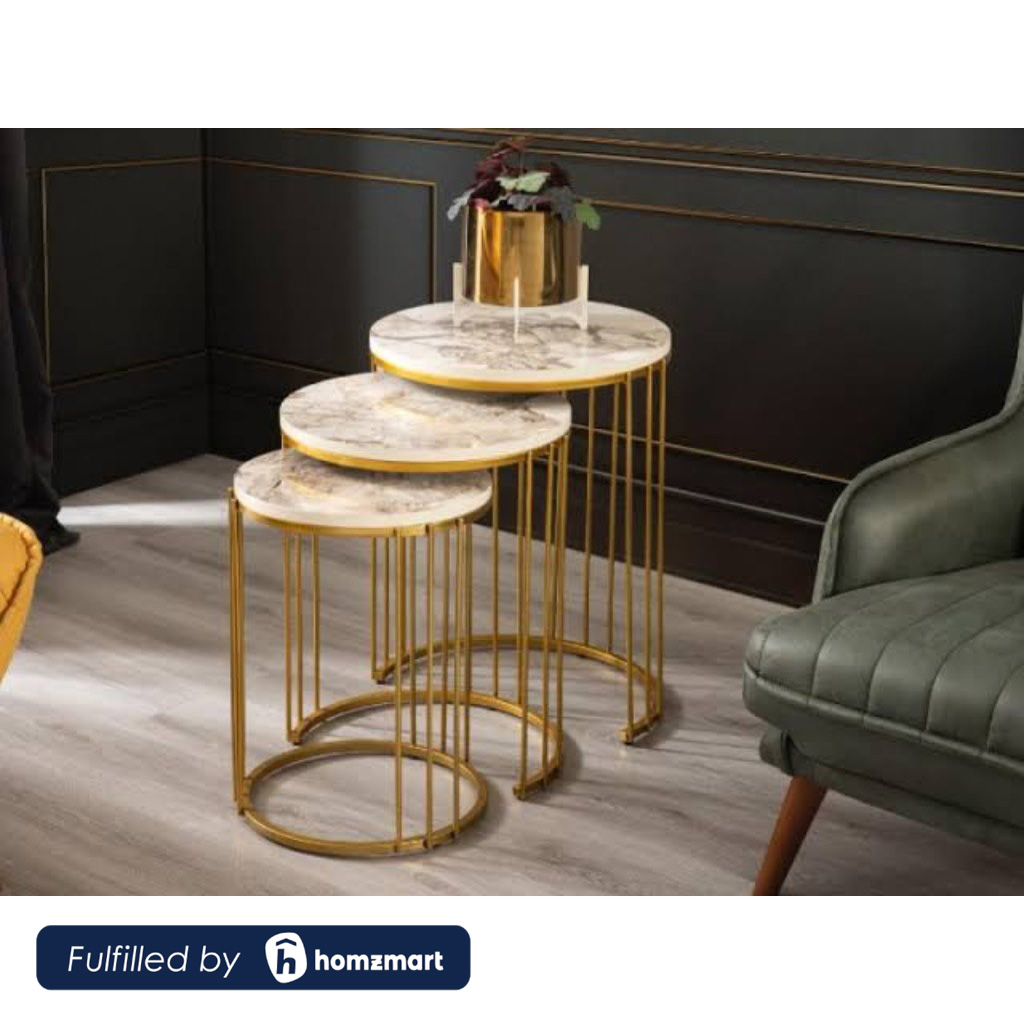 Steel and Marble Side Table set Gold - 3 Pieces