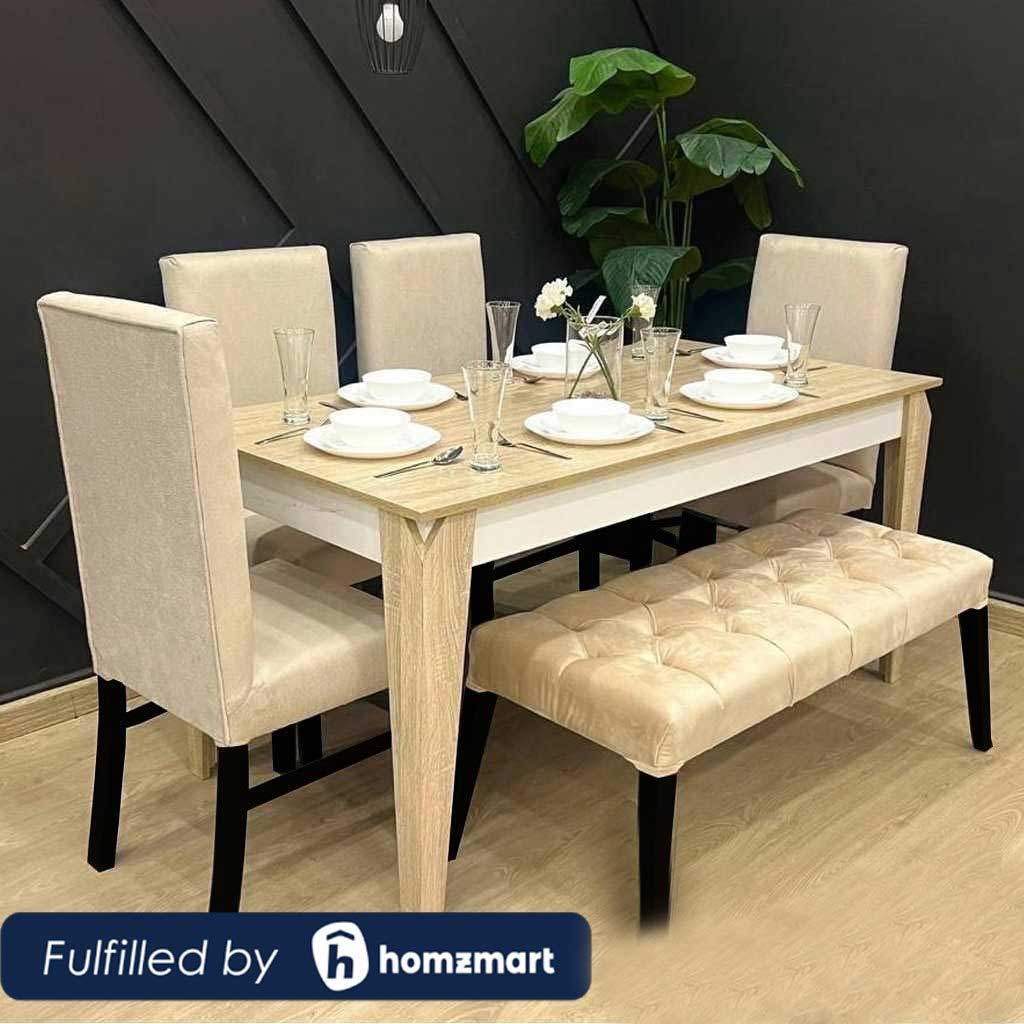 Beech and European Union wood with Velvet Fabric Dining Room Set 6 pieces Beige