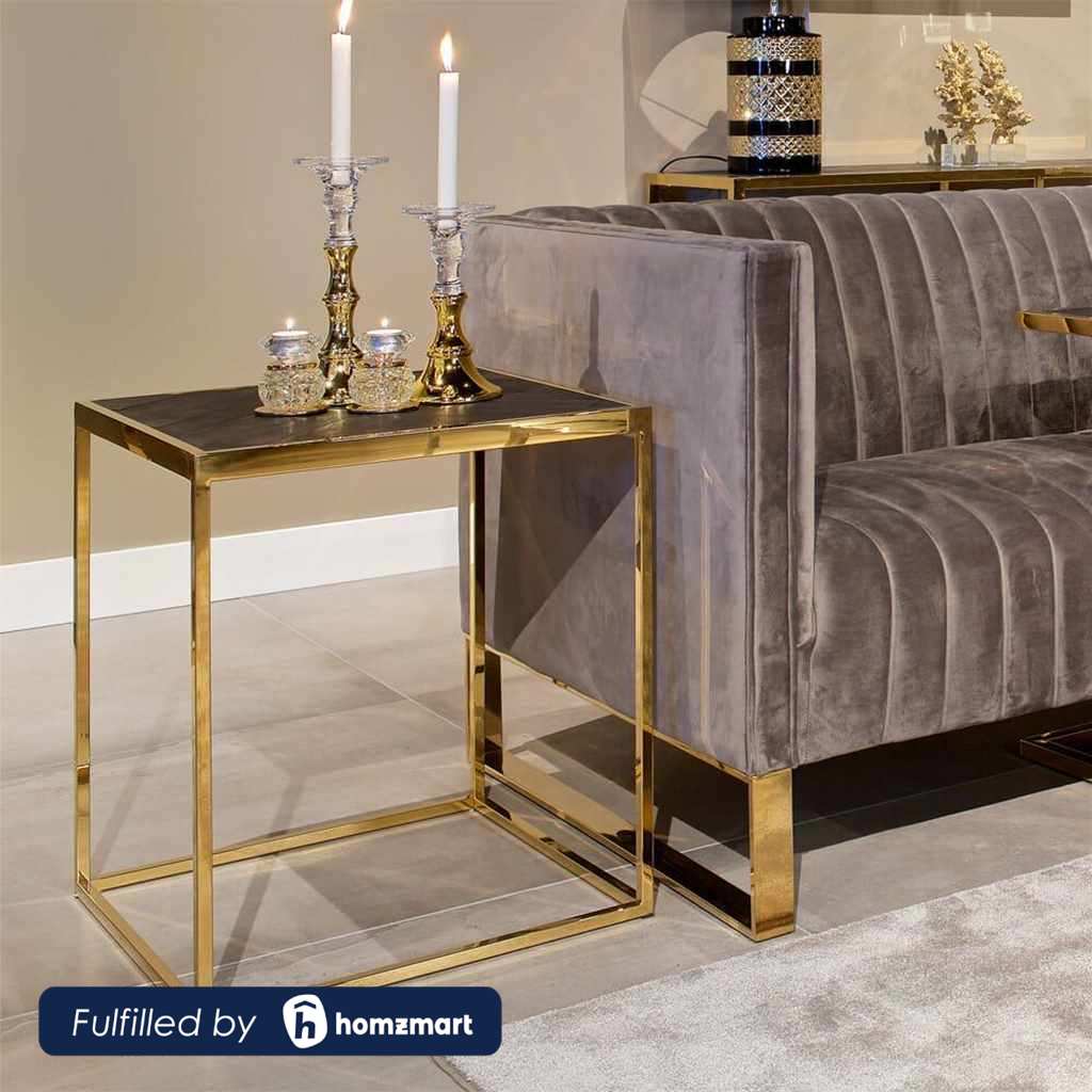 Stainless Steel and Marble Side Table Gold and Brown - 60x35x50 cm