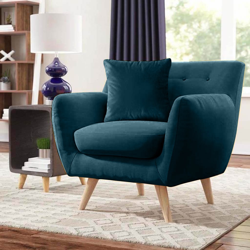 Beech Wood and Velvet Arm Chair - Blue