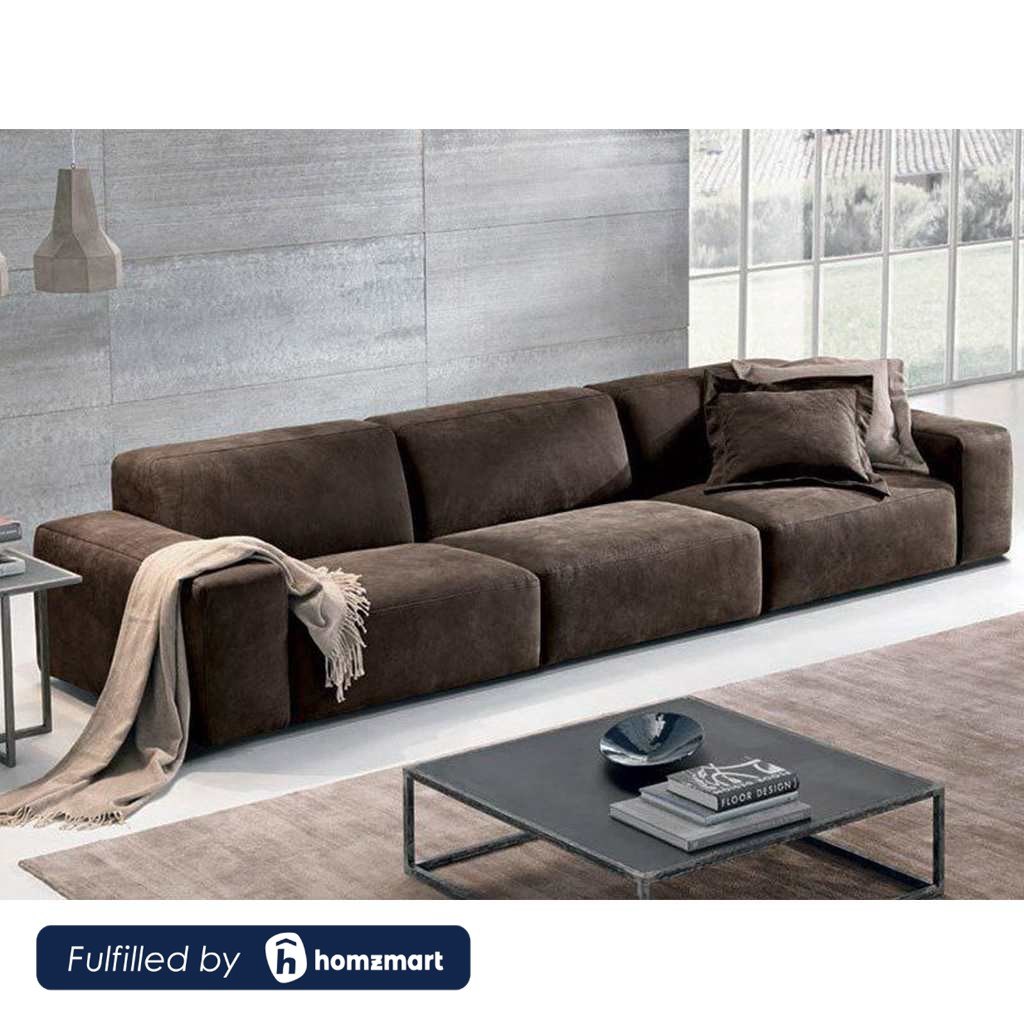 Beech Wood and Velvet 3 Seater Sofa - Brown