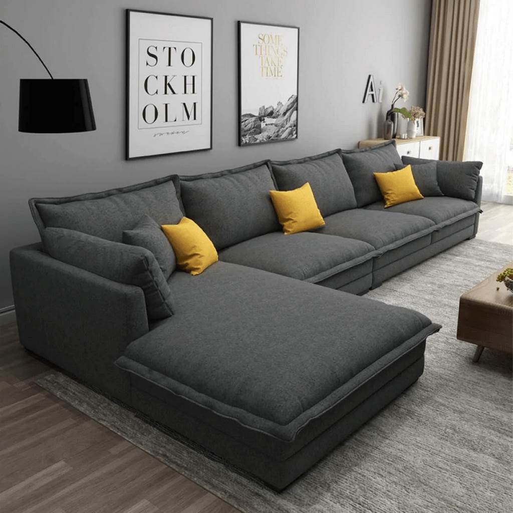 Beech Wood and Linen Fabric L-Shape Sofa - Grey