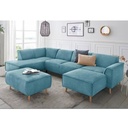 Natural Beech Wood L-Shape Sofa with Pouf 2 Pieces - Blue