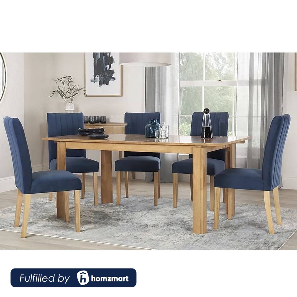 Beech and MDF Wood with Velvet Fabric Dining Room Set 7 pieces Beige and Blue