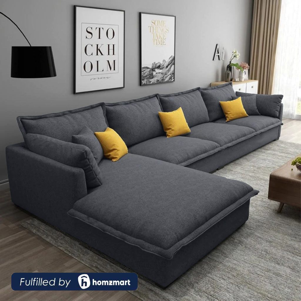 Natural Wood and Linen Fabric L-Shape Sofa - Grey