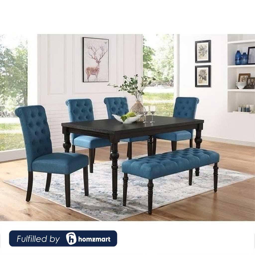 Red Beech Wood and Velvet Dining Room Set 6 pieces