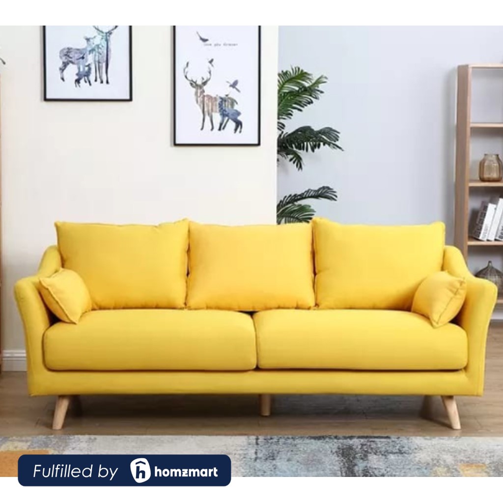 Beech Wood and Linen Fabric 2 Seaters Sofa - Yellow