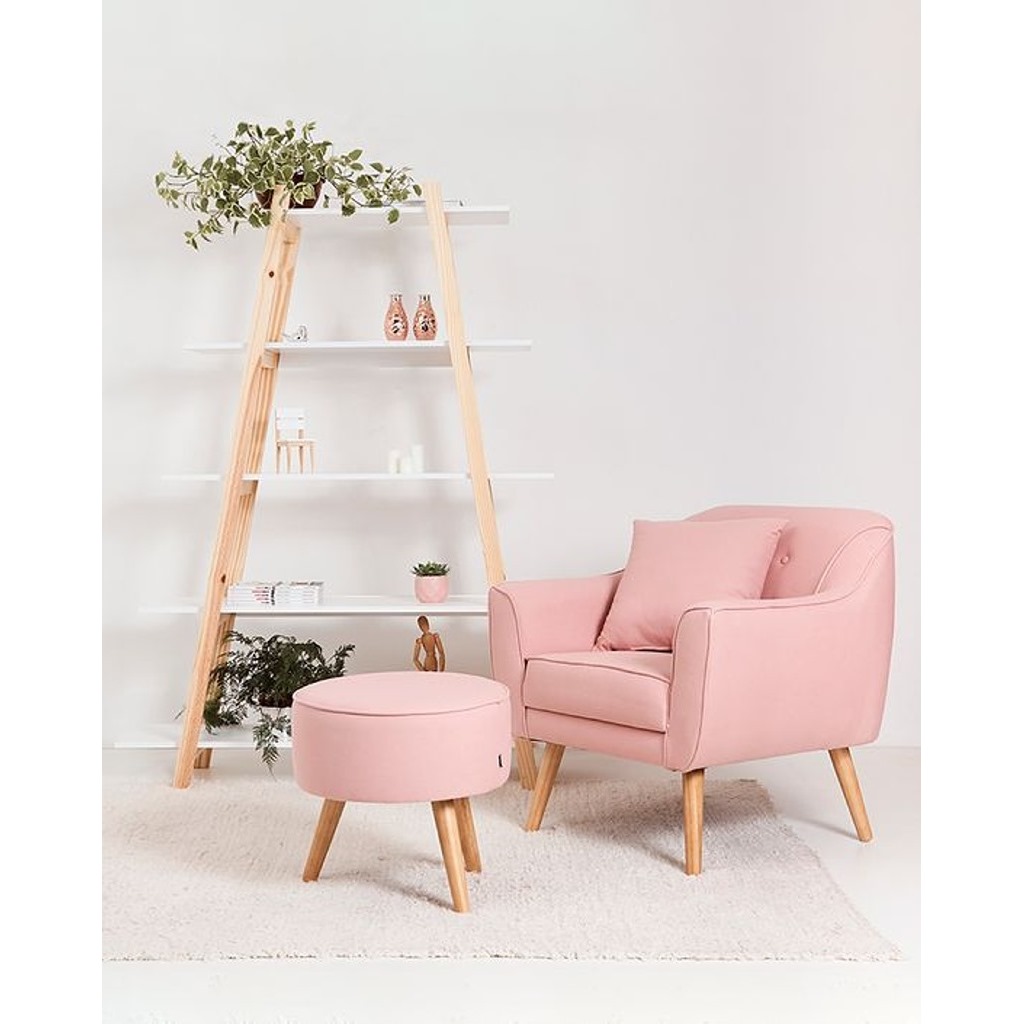 Beech Wood And Linen Arm Chair And Pouf - Pink