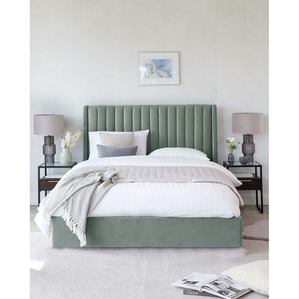 MDF Wood and Velvet King Bed 140x160x200 cm - Light Green