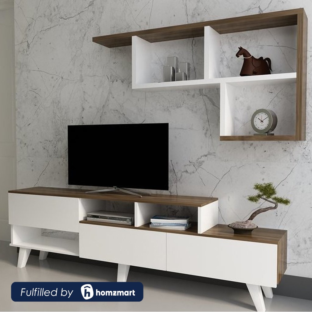 Melamine Wood and PVC Brown and White Tv Set - 32×150x55 cm