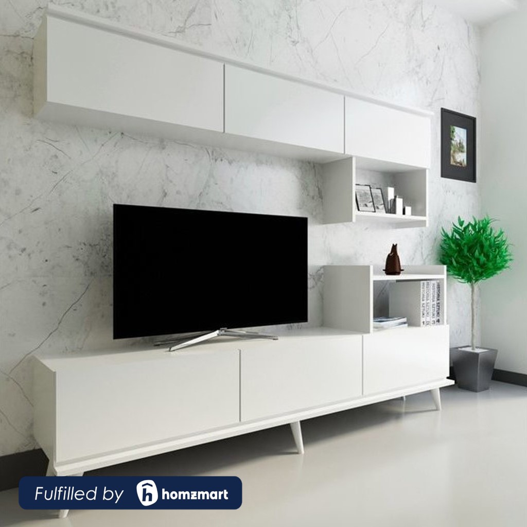 Melamine Wood and PVC White Tv Set - 180 × 23 × 62 cm