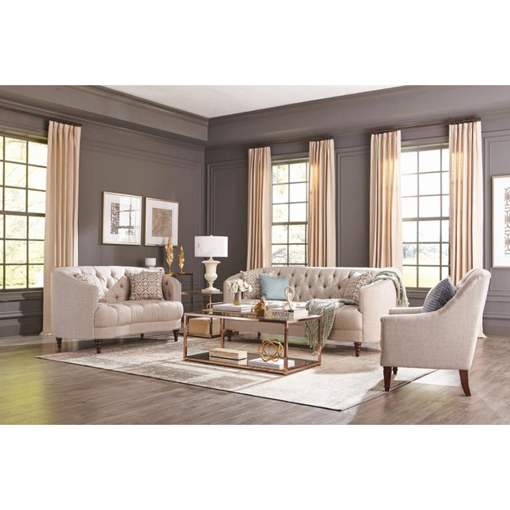 Beech Wood and Linen Modern Living Room Set 3 pieces - Beige