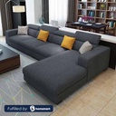 Natural Wood and Linen Fabric L-Shape Sofa - Grey