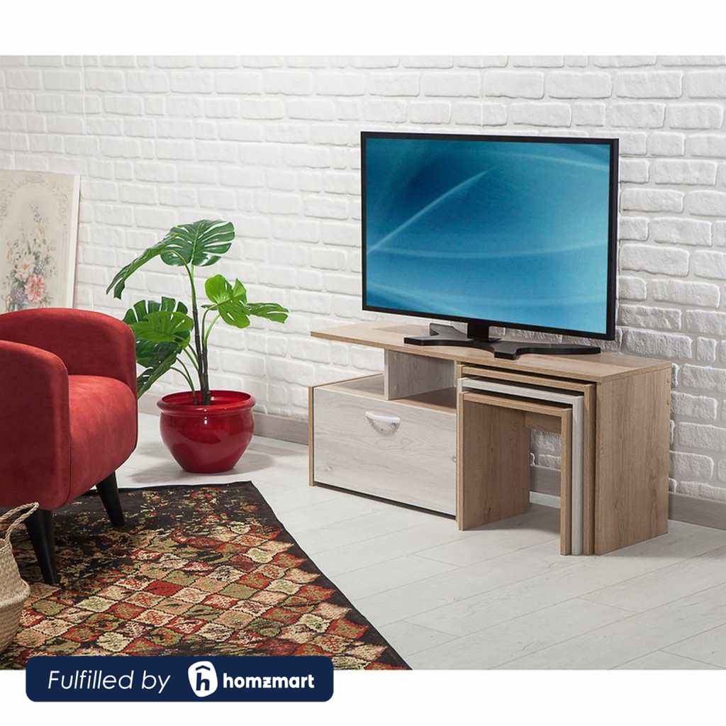 MDF Wood Tv Unit and Sides Table 4 pieces - Beige and Brown