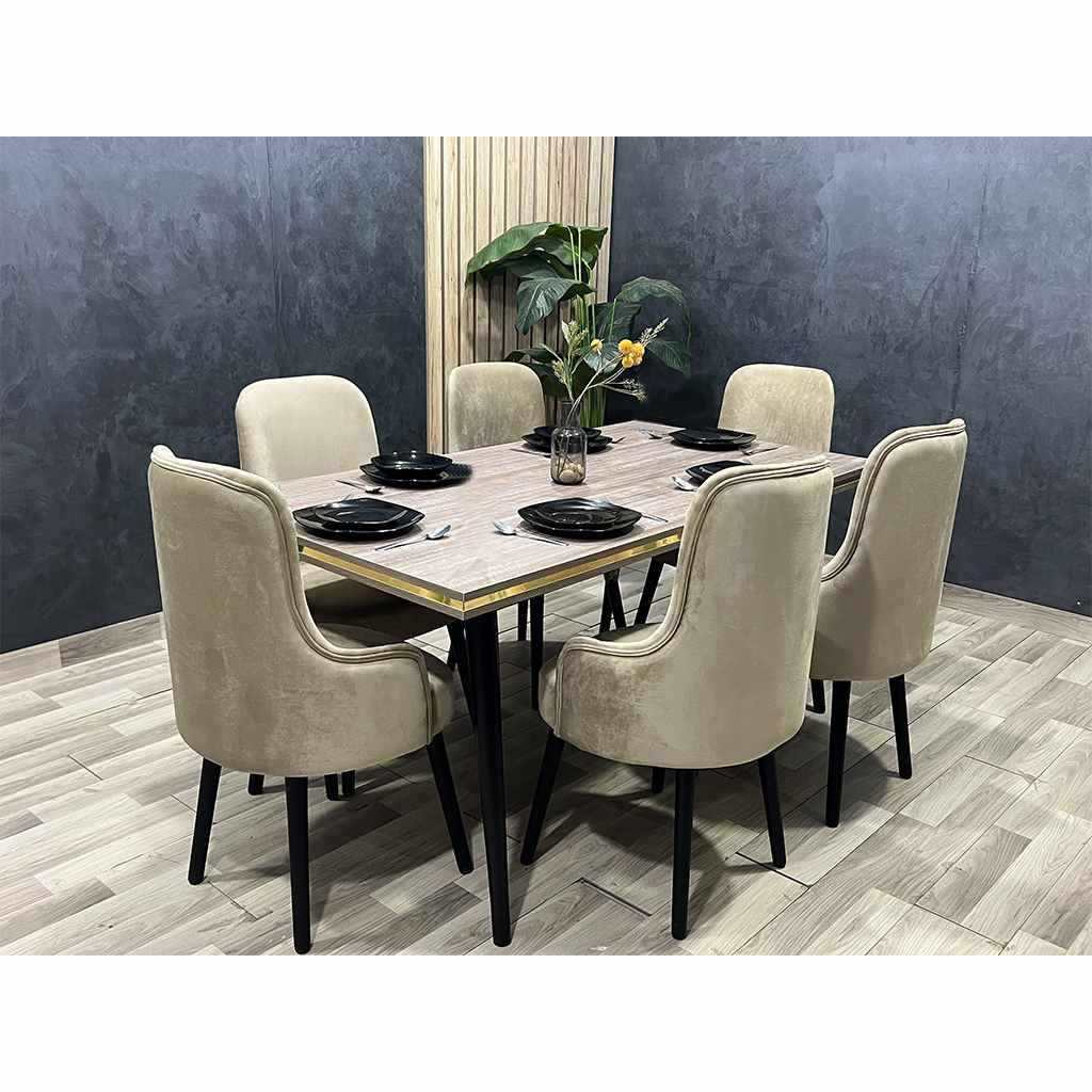 Beech and Counter Wood with Velvet Fabric Dining Room Set 7 pieces Beige