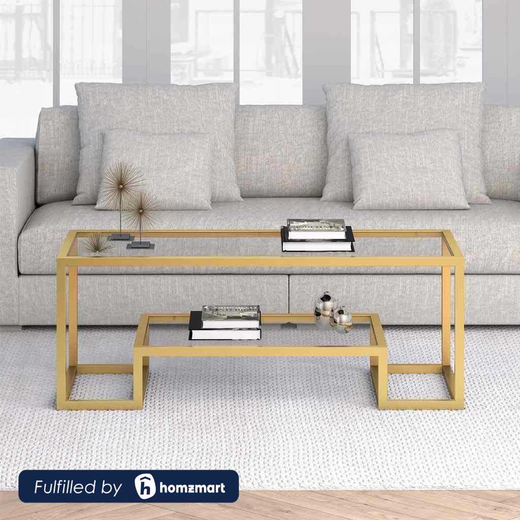 Steel and Glass Coffee Table Gold - 45x60x120 cm