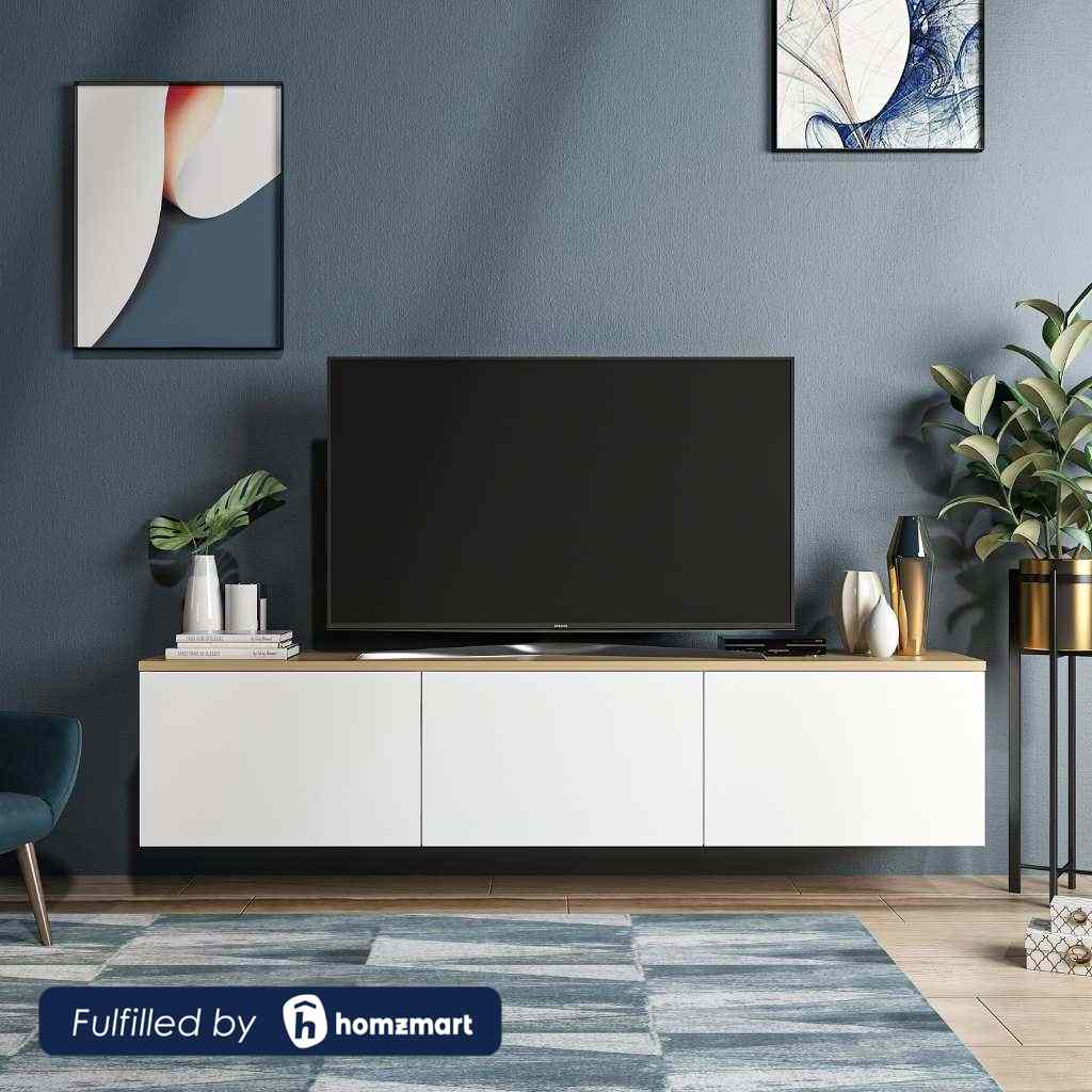 MDF Wood Tv Unit White and Beige - 160×35×32 cm