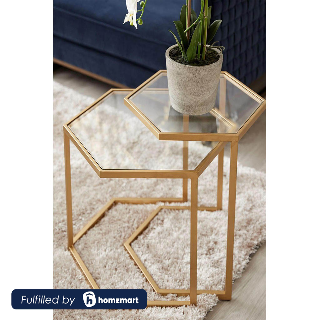 Steel and Glass Side Table Set Gold - 2 Pieces