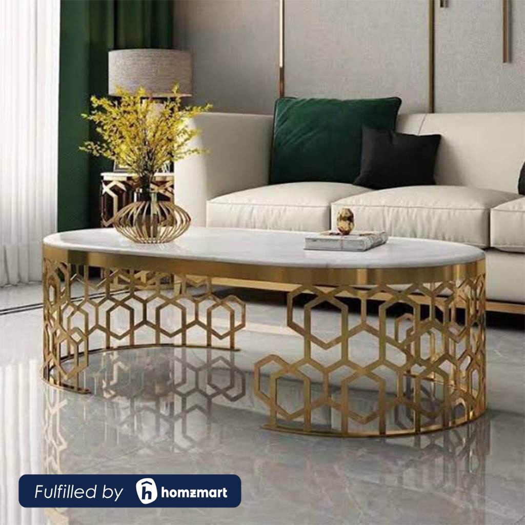 Steel and Marble Coffee Table Gold - 55x40x120 cm