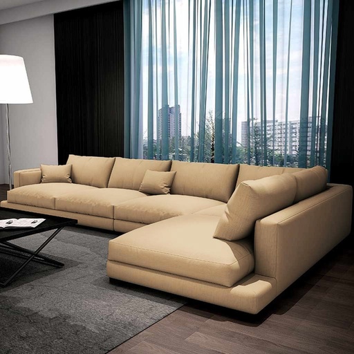 Beech Wood and Linen Fabric L-Shape Sofa - Beige