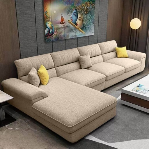 Beech Wood and Linen Fabric L-Shape Sofa - Beige