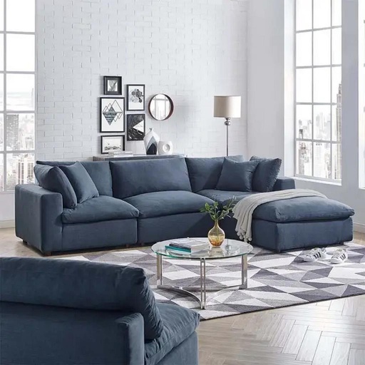 Beech Wood and Velvet 4 Seats Sofa - Blue