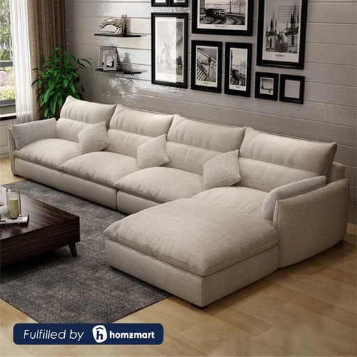 Natural Wood and Linen L-Shape Sofa - Beige