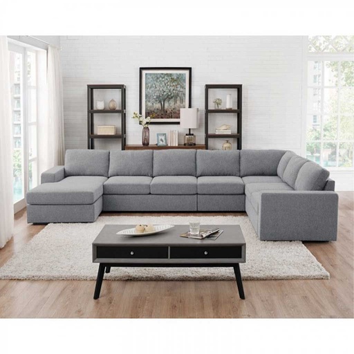 Beech Wood and Linen Fabric L-Shape Sofa - Grey